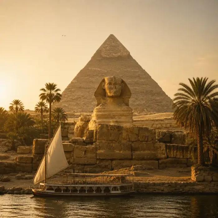 Sunlit deck of a luxury Nile cruise ship at golden hour