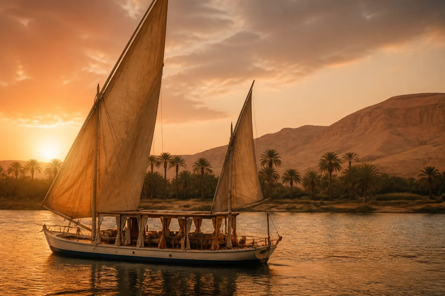 Private dahabiya at sundown on the Nile