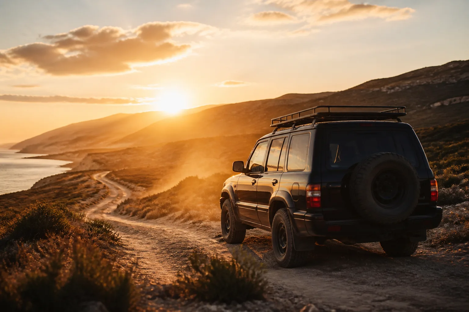Single black 4x4 SUV beside a quiet sandy track at golden hour.