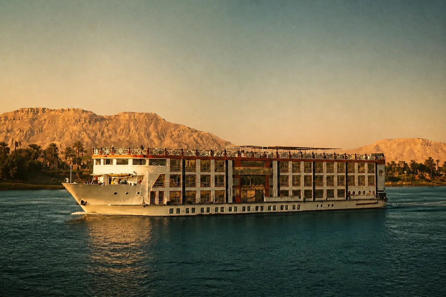 5-star Nile river cruise ship sailing past the Theban hills