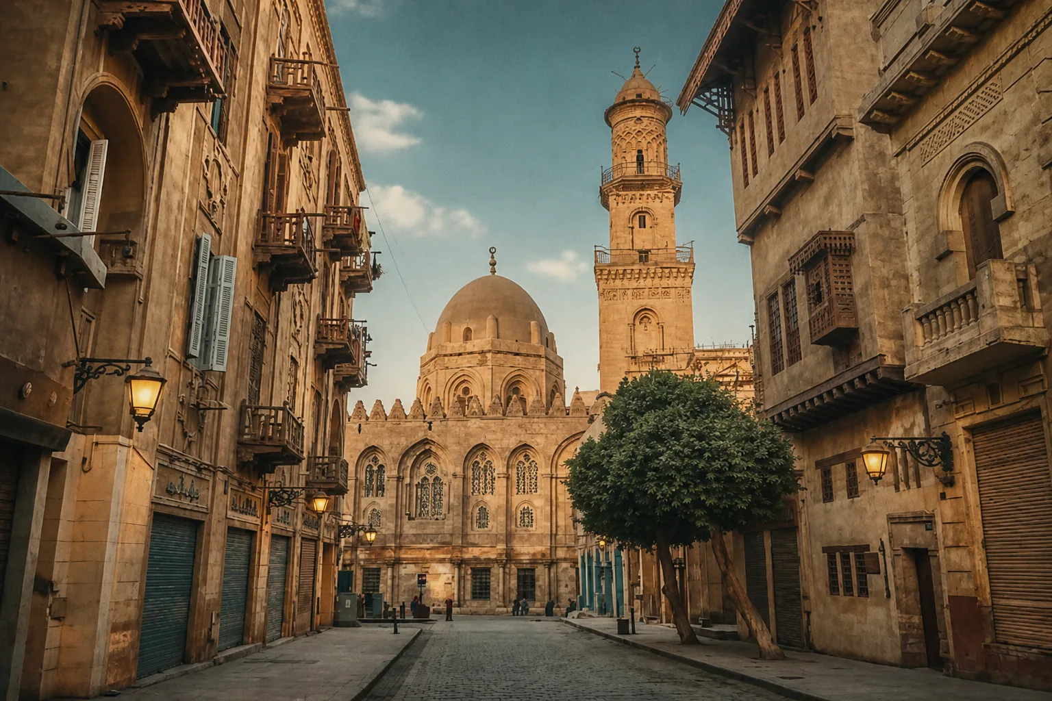 Cairo at twilight, city lights on