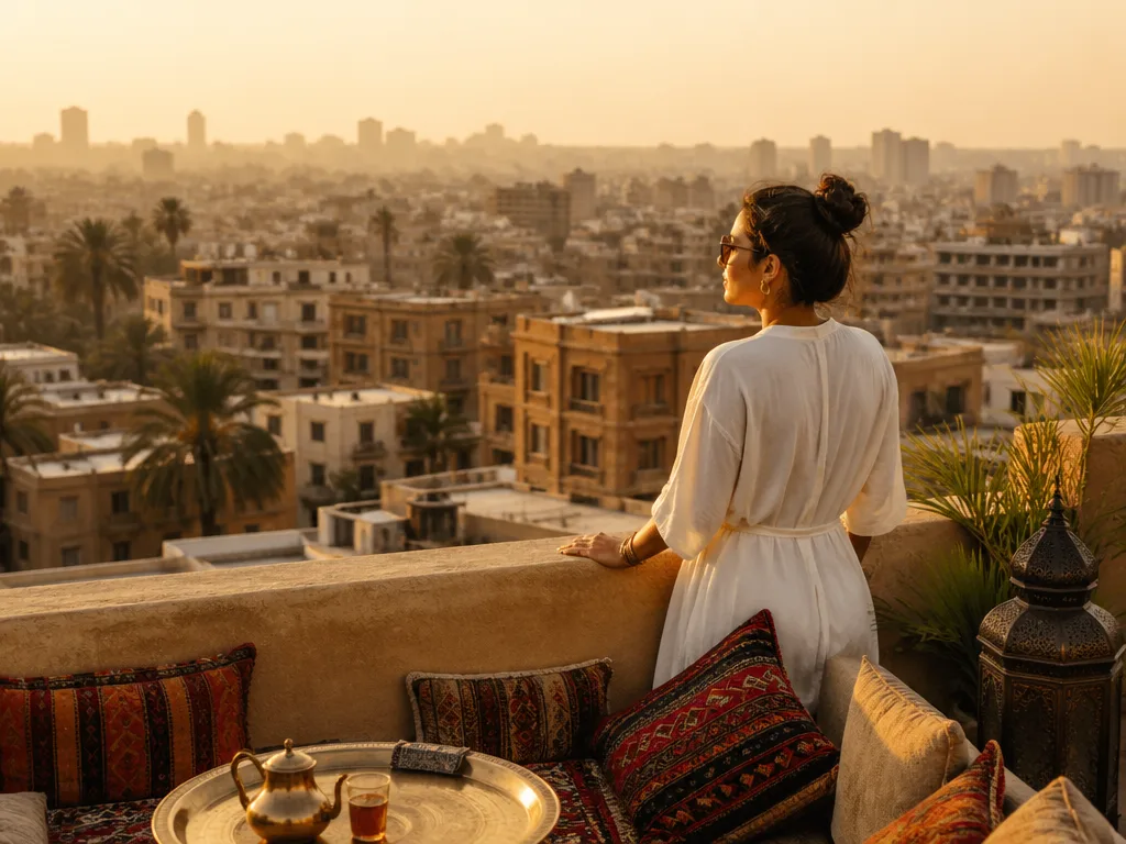 Cairo rooftop at dusk, overlooking the Nile — Discovery Tours Egypt's home city