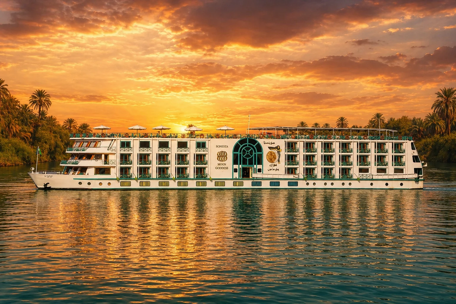 Luxury dahabiya sailing boat gliding on the Nile River at golden hour — Egypt vacations with Discovery Tours Egypt